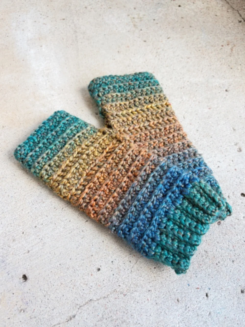 Handmade Crocheted Fingerless Gloves in Teal, Orange, and Gold